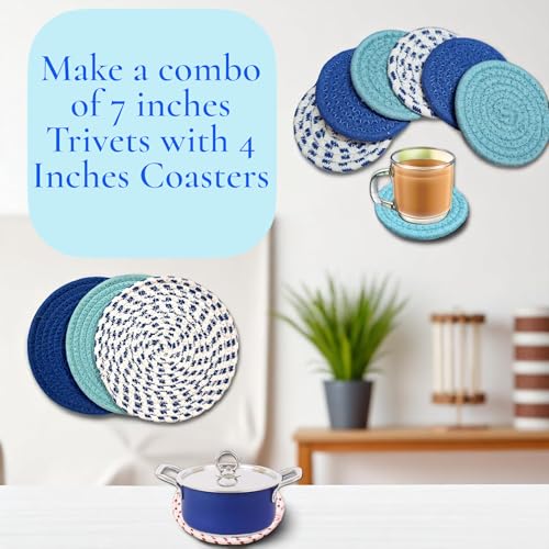 Image of Set of 6 Cotton Drink Coasters - Teal Blue Absorbent Table Mats for Hot & Cold Drinks, Round Fabric Coasters for Dining Table, Tea /Coffee /Cold Drinks- 10 cms
