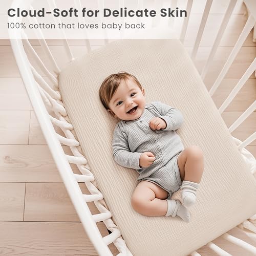Image of Konssy Muslin Fitted Bassinet Sheets 2 Pack for Baby Girl Boy, Soft Breathable Baby Bassinet Sheets Fit for Bassinets, Cradle, Moses Basket Oval Rectangle Pad /Mattress (Pink, Cream)
