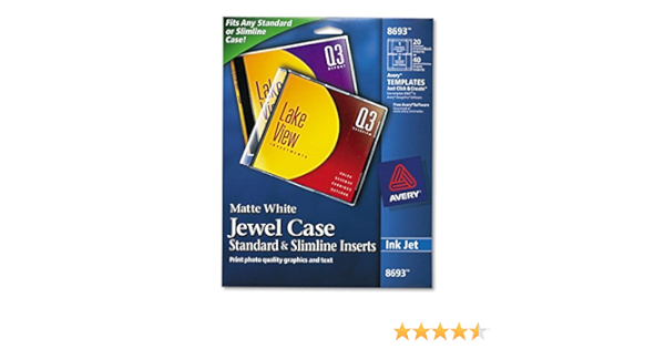 Avery 8693 Inkjet Cd/Dvd Jewel Case Inserts, Matte White, 20/Pack