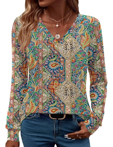 LUYAA Tops for Women V Neck T Shirts for Women Work Blouse Long Sleeve Shirts Women's Business Casual Clothing Boho Floral L