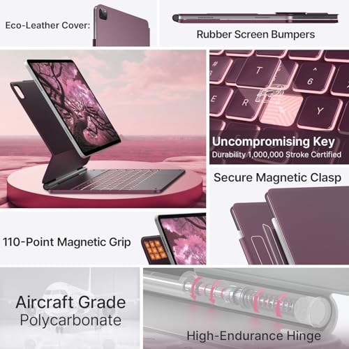 Image of typecase Edge for iPad Air 13 (M4 /M3 /M2, 2026 /2025 /2024) & Pro 12.9 (6th /5th /4th /3rd) with 11-Color Backlit, Precision Trackpad, Magic Floating Keyboard (NOT FIT to Pro 13 (M5 /M4) -Raspberry'26