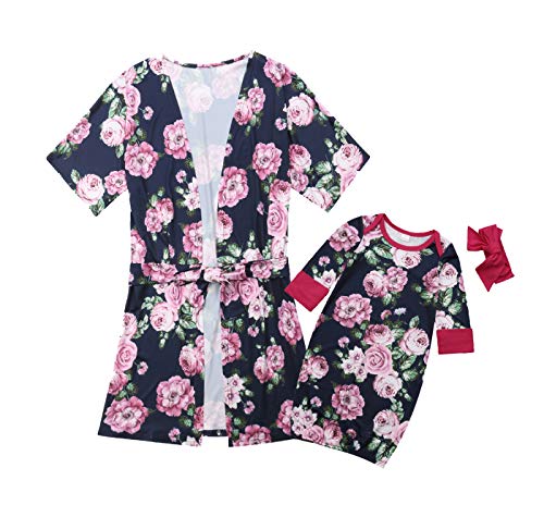 Mother and Daughter Family Matching Pajamas Floral Nightgowns Cotton Kimono Short Robes Sleepwear (Mom, L) Navy Blue