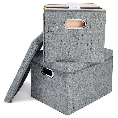 Cajas decorativas de almacenamiento de archivos con tapas, sistema de archivado organizador de documentos gris (paquete de 2)
