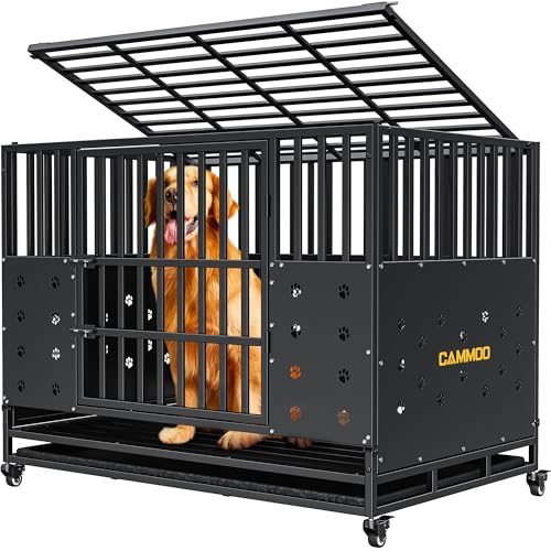 Cammoo 48'' Heavy Duty Dog Crate for Large Dogs, – Upgraded Chew-Proof Panels, Comfort-Widened Floor Panel, Dog Kennel Indoor, Adjustable Internal Height, Easy-Access Wide Door, 4 Lockable Wheels