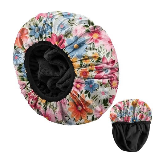 BHAHB Cuffia da doccia di lusso riutilizzabile foderata in spugna EVA triplo strato impermeabile elastico cuffia da bagno per donne ragazze fiori carini