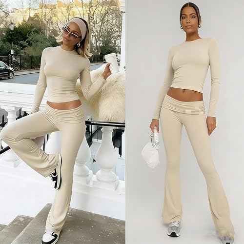 Image of YETOWA Y2K 2 Piece Outfits Tummy Control Long Sleeve Crop Top High Waisted Flare Pants Soft Knit Lounge Set