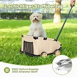 Mini-Hundewagen für Mini-Haustiere, faltbarer multifunktionaler Einkaufswagen mit ausziehbarem Ziehgriff, Doggie Wagon eingebautem Kissen und Sicherheitsseil mit Aufbewahrungstasche (Khaki)