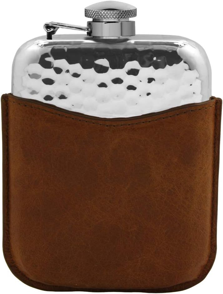6oz Hammered Pewter Hip Flask With Captive Top and Luxury Brown Leather Pouch [PLF04]