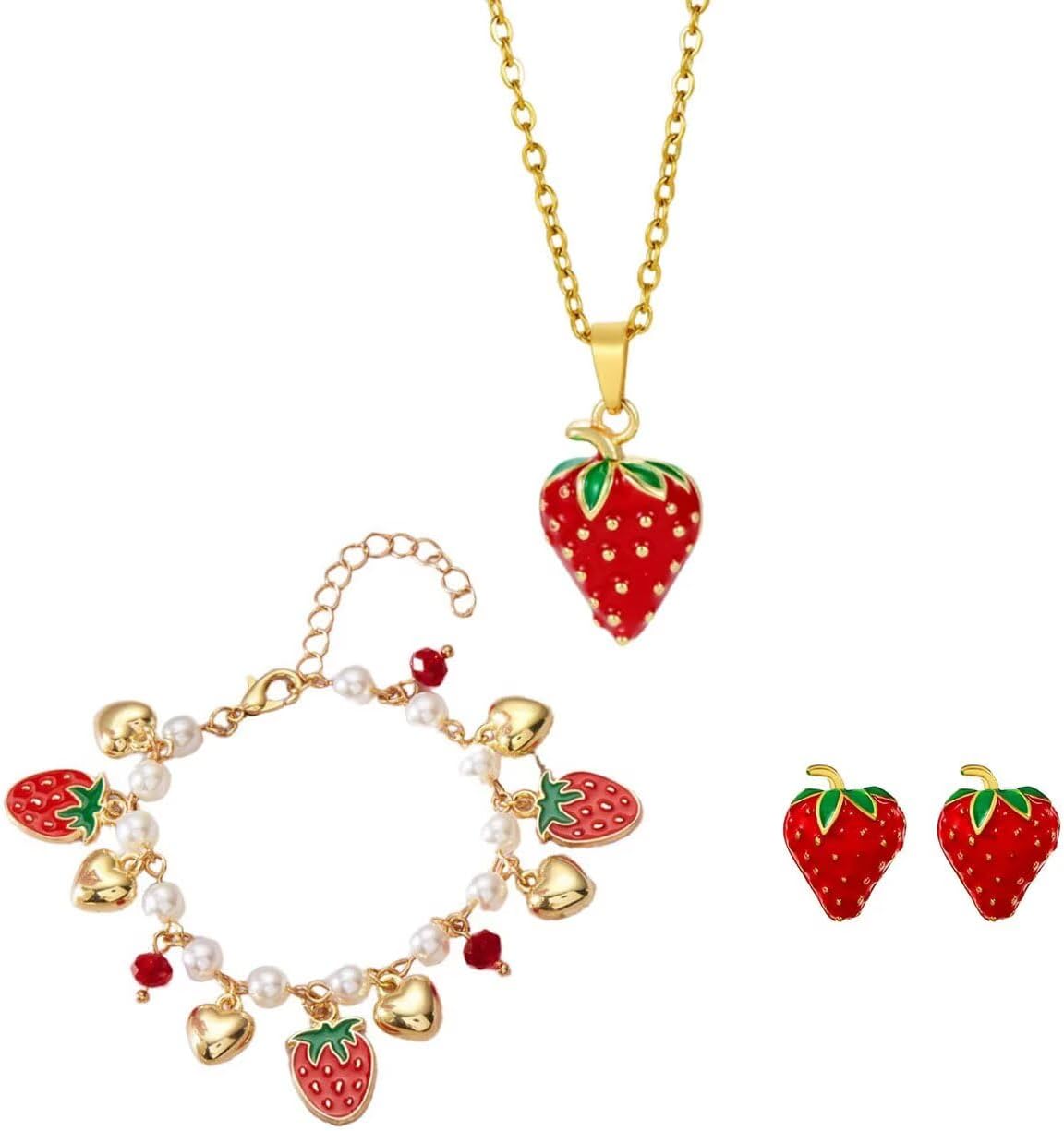 Strawberry Jewelry Set for Women Cute Strawberry Earrings Necklace Bracelet Dainty Fruit Charm Accessories for Birthday Party
