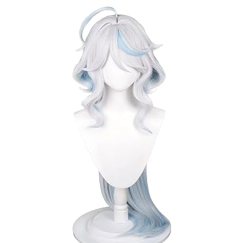 Furina Wig for Women White Mixed Blue Long Straight Heat Resistan Synthetic Fiber Hairs for Unisex Adult Halloween Christmas Cos Anime Party Replacement Wigs