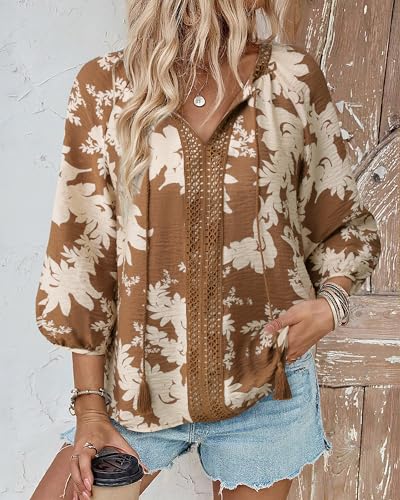 Gaharu Women's 3/4 Sleeve Boho Tops Casual V Neck Floral Print Loose Fit Blouses Tunic4