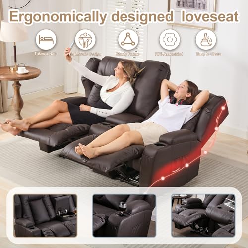 Image of SAMERY 65.5 inch Loveseat Recliner Sofa | Double Recliner Sofa & Console | Wall Hugger Loveseat Reclining RV Theater Seats | RV Couch Home Theater Seating Furniture (Faux Leather Brown)