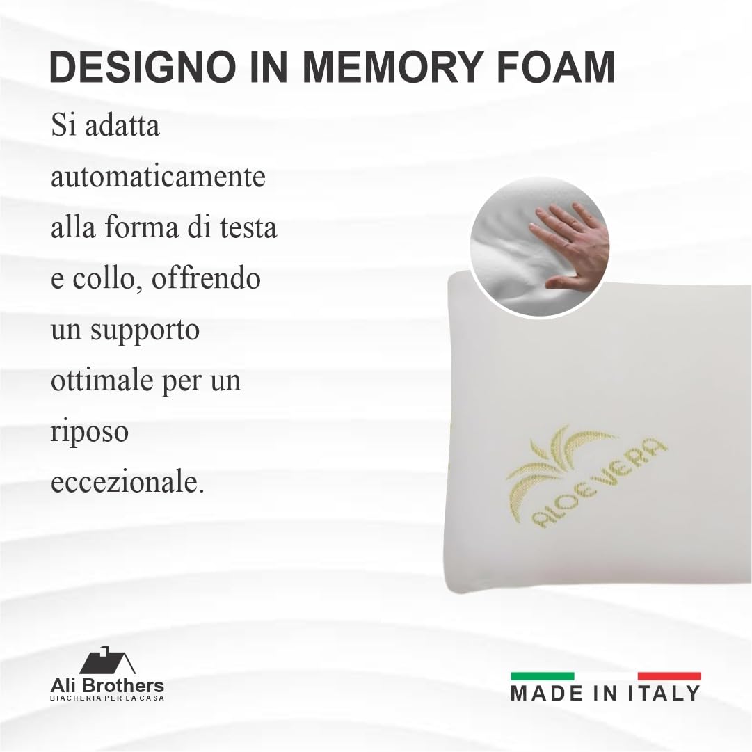 Cuscino Memory Foam Aloe Vera Set 2 Cuscino Ergonomico a Saponetta Antibatterico Ipoallergenico Traspirante per Benessere Notturno e Cuscini Letto Made in Italy per Collo e Cervicale