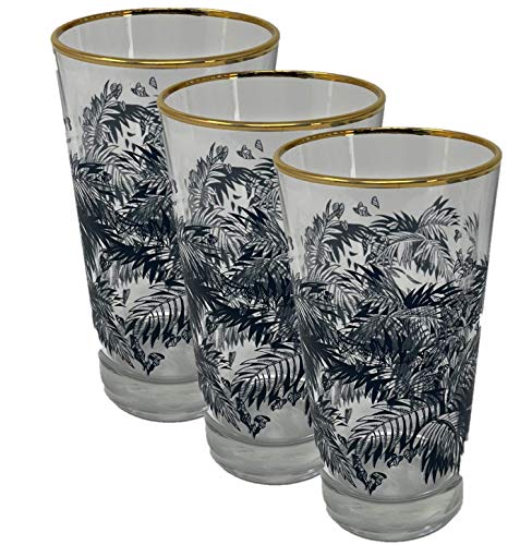 Bacardi Highball Glasses 3 x 37 cl Gold Rimmed Palm Design Dishwasher Safe