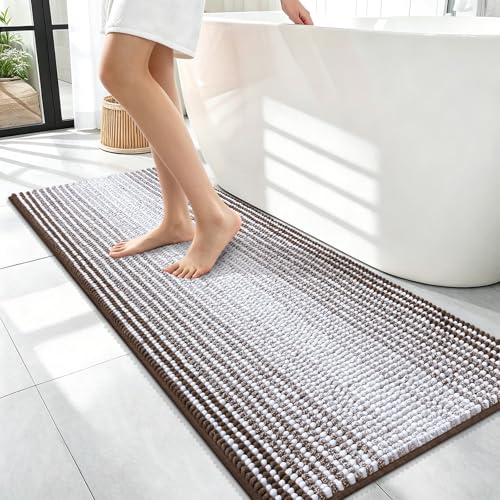 Image of OLANLY Bathroom Runner Rugs 47x17, Extra Soft Absorbent Chenille Striped Bath Rugs, Rubber Backing, Machine Wash Dry, Long Bath Mats for Bathroom, Tub, Shower, Home Decor Accessories, Brown