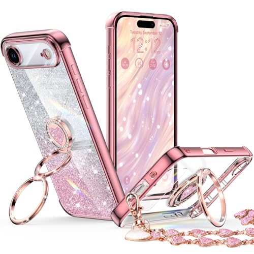 Coque iPhone 2025 Air avec support double anneau paillettes or rose