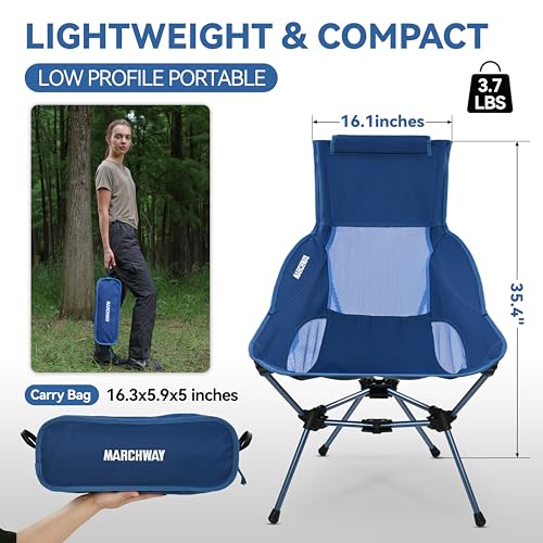 Image of MARCHWAY Lightweight Folding High Back Camping Chair with Head Support, Stable Portable Compact for Outdoor Camp, Travel, Beach, Picnic, Festival, Hiking, Backpacking (Highback Dark Blue)