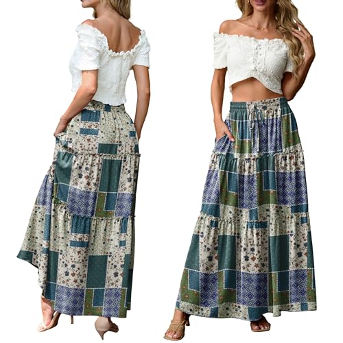 Image of Lepunuo Womens Casual Boho High Waisted Flowy Maxi Skirts Tiered Floral Long Skirts with Pockets for Summer Beach Vacation