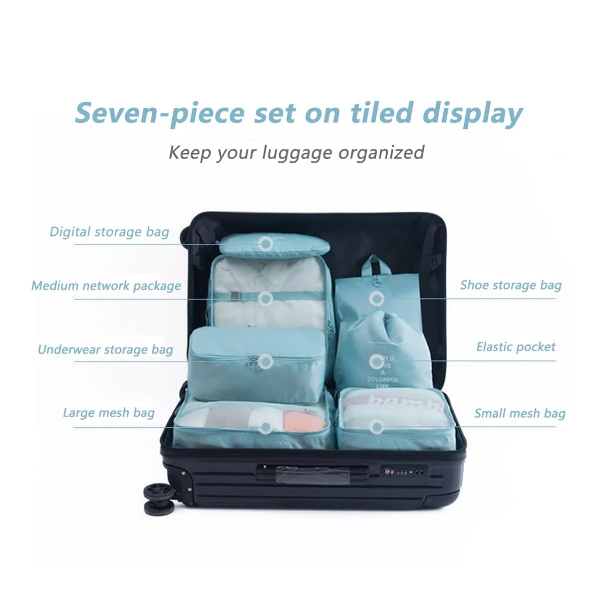 7-teilige Reise-Aufbewahrungstasche, tragbare Tasche, trendige Tasche, faltbar, Aufbewahrung, Handtasche, Verpackungsbox-Set, praktisch für Reisen (Blau, 2 Stück)
