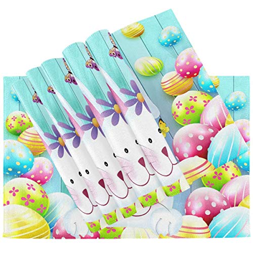 Wusikd Easter Rabbits Eggs Placemats Set Of 6 Table Mat Bunny Watercolor Flowers Place Mat Double-Sided Print 12" X 18" Dining Home Kitchen Table Decoration #TOP3
