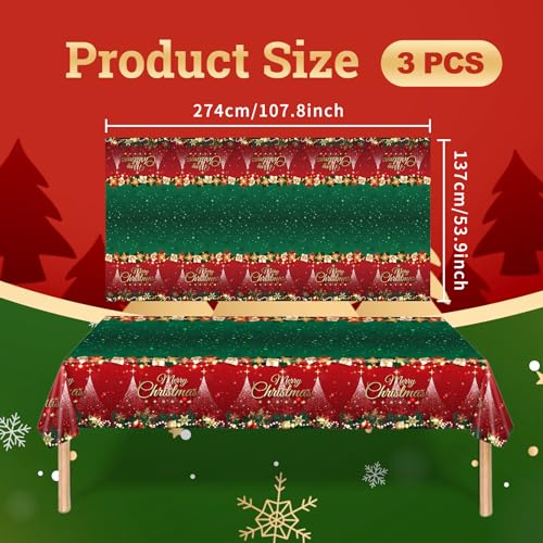 Image of 3-Piece 54 x 108 Inch Merry Christmas Plastic Tablecloth - Red and Green Design with Christmas Tree Holiday Decorations, Disposable Rectangle Table Cover for Xmas Party Supplies, Indoor Outdoor Decor