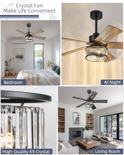 Image of YOUKAIN 48-Inch Crystal Ceiling Fan with Lights & Remote, Walnut | 5 reversible black and wood blades, crystal design, quiet for bedrooms