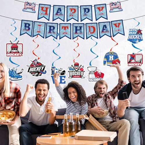 Image of Hockey Birthday Party Decorations - 11PCS Hockey Birthday Decorations Banner Hanging Swirls Game Day Game Time Sport Themed Party Decor Supplies for Kids Fans Boys