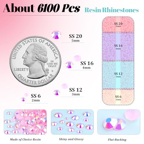 Image of 6100Pcs Jelly Resin Rhinestones for Crafting with 2Pcs 10ml B7000 Jewelry Glue, 1 Box Flatback Crystals Diamond (Light Pink AB) for Bedazzling Crafts DIY Nail Art Non Hotfix Gems for Clothing Shoes