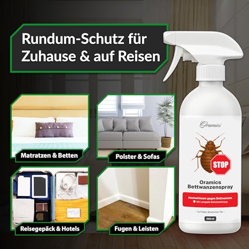 Oramics Bettwanzen Spray (500ml) – Umgebungsspray zur Vorbeugung nach Reisen & Hotelaufenthalten – Repellent für Matratzen, Polster & Textilien – Mit dezentem Duft