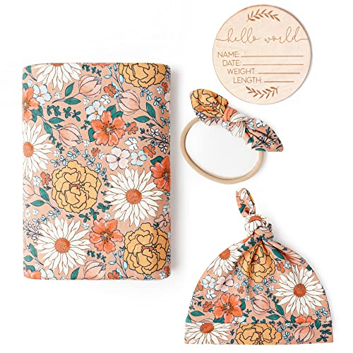 Image of Konssy Baby Girl Newborn Receiving Blanket with Matching Headband and Beanie Set Baby Swaddle Nursery Swaddle Wrap