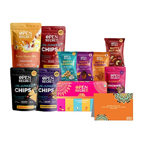 Open Secret Snacks Gifts Hamper I Assorted Cookies Biscuits, Chips, Nuts Combo, Brownie, Shake Mix, CardI Dry-Fruits, Healthy Snacks | Premium Gift Hamper Combo For Rs. 779 @ 10 %