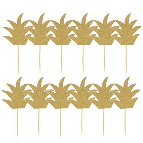 24 palillos de dientes con purpurina para tartas hawaianas, hojas de piña, cupcakes, recuerdos de fiesta hawaiana, temática tropical, suministros de fiesta de cumpleaños de verano, color dorado