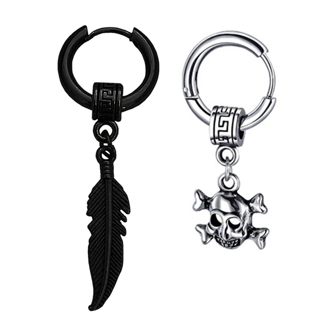 Feather Ring Long Chain With Gothic Skeleton Head Dangle Punk Titanium Steel Silver Piercing Jewelry Black & Stainless Hoop Earrings For And Women-image-40