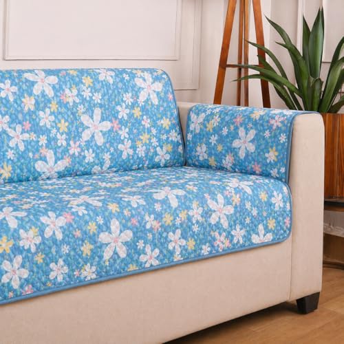 Image of STITCHNEST 'Double Vie Collection Series' Cotton Quilted Reversible Sofa Cover 3 Seater with Arm Rest and Pocket | Size 70x60 Inch