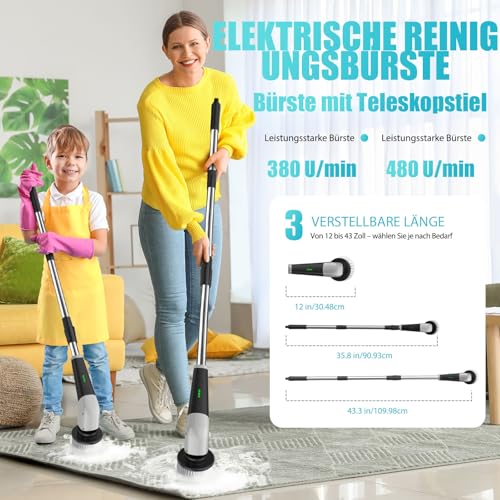 YKYI Elektrischer Reinigungsbürste,Spin Scrubber mit 8 Austauschbaren Bürstenköpfen,IPX7 wasserdichter,Schrubber für Badezimmer,Boden,Küche