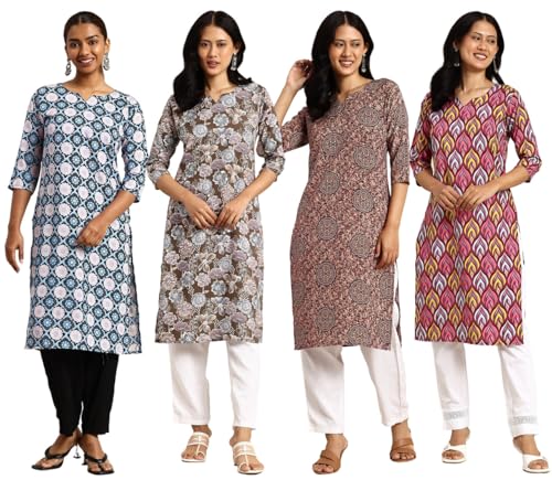 Image of JAKHANA Women's Crepe Printed Casual Straight Calf Length Round Nick Kurta Pack of 4
