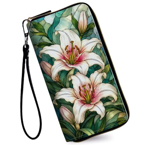 Image of Women's Wallets Credit Card Holder Money Leather Long Wallet | Long wallet with Wristlet,Large Capacity with Zip-Around Phone Purse for Women Ladies Girls,Art Lily Flower