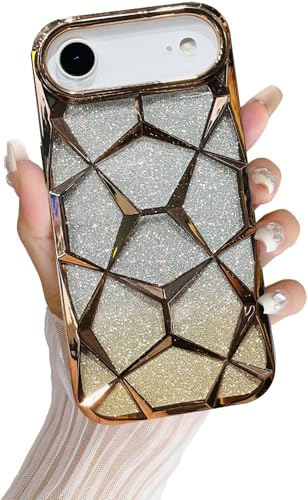Image of VONZEE Gradient Glitter Back Cover Case Compatible with iPhone 17 Air, Luxury Electroplated 3D Cube, Diamond Bling Shiny Soft TPU Clear Shockproof Women Girls Protective Phone Cover (Gold)
