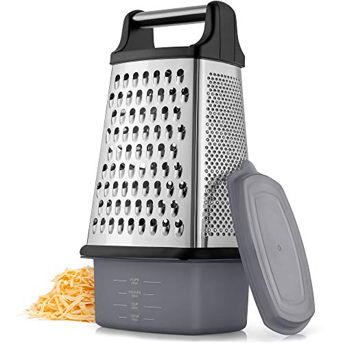 Zulay 4-Sided Cheese Grater With Container - Stainless Steel Box Cheese Grater With Handle Removable Storage Box - Cheese Shredder Box Grater For Parmesan Vegetables Ginger Chocolate More