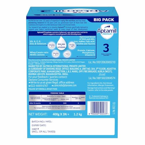 Image of Aptamil Premium Infant Formula for Babies - Stage 3 (12-24 Months) -With DHA ARA - 1.2 kg - Bag-In-Box Pack