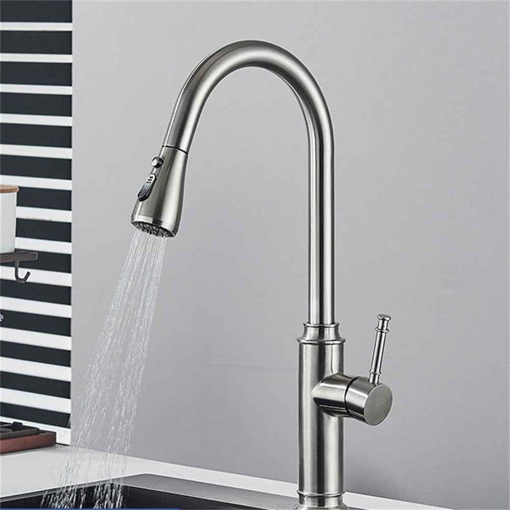 FCXWEVR Brushed Nickel Pull-Out Kitchen Faucet 360° Swivel Spout Hot & Cold Mixer Tap Deck-Mounted Single Hole Design for Modern Kitchens -& Stylish