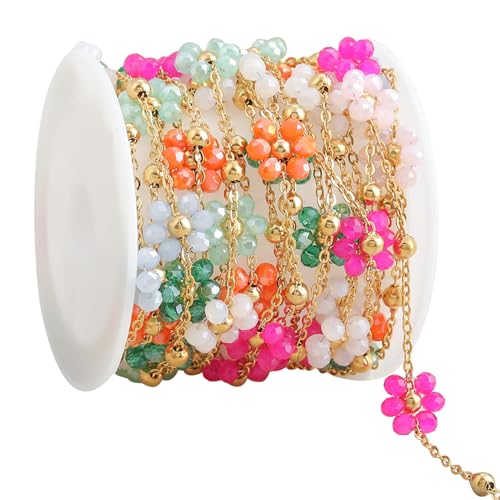 SMYHTGLIF 3 Meters Gold Stainless Steel Chain for Jewelry Making Mixed Color Flower Shaped Crystals Chain Bulk Gold Beaded Craft Jewelry Making Chains
