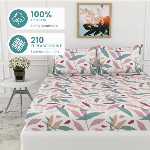 Image of LORETO - A QUALITY LINEN BRAND 210 TC 100% Pure Cotton Double /Queen Fitted Bedsheet with 2 Pillow Covers for 78 x 60 Inch Mattress, All-Around Elastic, 8 Inch Deep Pocket, Pink Leaf Whisper