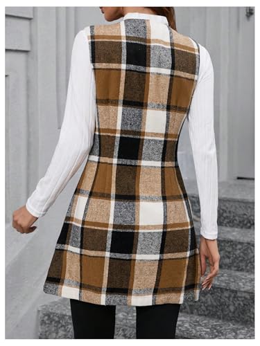 MakeMeChic Women's Long Vest Plaid Button Open Front Sleeveless Blazer Vest Jacket Coat with Pocket2