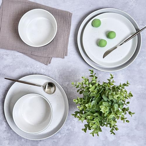 Image of Sango 12-Piece Stoneware Dinnerware Set for 4, Modern White & Black Plates and Bowls Sets with Speckled Glaze, Durable Kitchen Ceramic Dish Set, Microwave & Dishwasher Safe Everyday Dishes, Stockholm