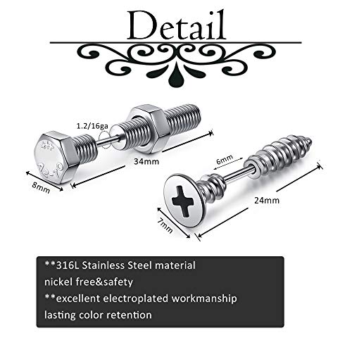 AllerPierce Stainless Steel Punk Earrings Cool Screw on Earring Studs Backs Piercing Jewelry for Men Women2