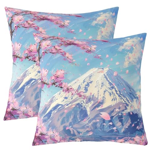 Homewish Lot de 2 Housse de Coussin 50x50 Montagne Enneigée Taie d'oreiller Fleur de Cerisier Taie...