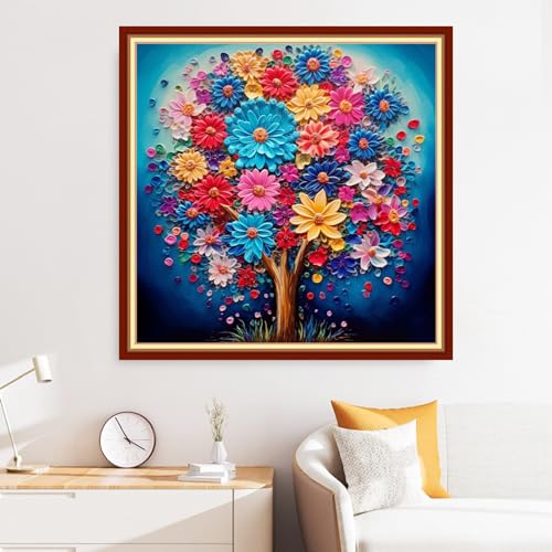 Image of Disxvivy Cross Stitch Stamped Full Embroidery Kits DIY 11CT Cotton Thread Printed DIY Needlepoint Kits Craft Needlework Set Cross-Stitch Stamped Sets-Colorful Tree 18x18 inch