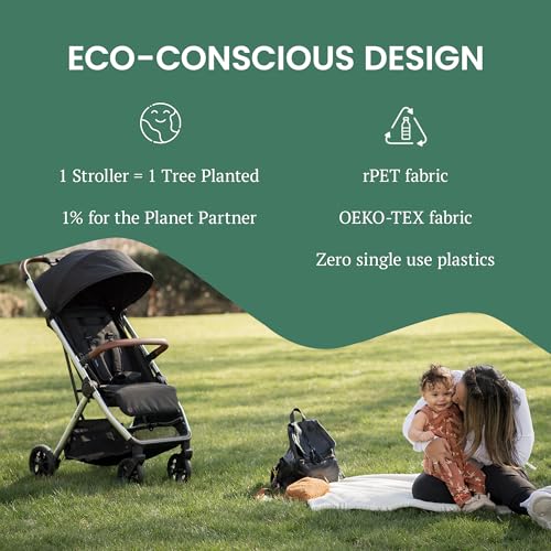 Image of Bombi Bēbee V2 Lightweight Baby Stroller - Premium Vegan Leather, One-Hand Fold, Infinite Recline, Aircraft-Grade Aluminum Frame, XXL Canopy, and Ample Storage Umbrella Stroller - Midnight Black
