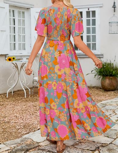Image of ZESICA Women's 2026 Summer Boho Floral Maxi Dresses Casual Short Flutter Sleeve Smocked Tiered Flowy Dress